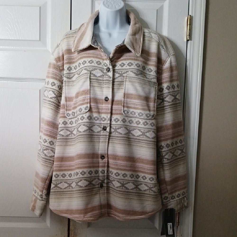 Free Country Women's Striped Utility Jacket - Cream and Tan Sz XXL NWT